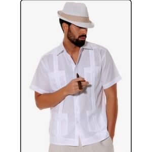 Bohio Mens White 100% Linen Long Sleeve Guayabera Cuban Wedding Shirt Size M